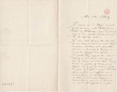 Lettre de Félicien Rops à Alfred [Alphonse] Cadart. Mettet, 1873/09/19. Bruxelles, Bibliothèque royale de Belgique, II/7033/7