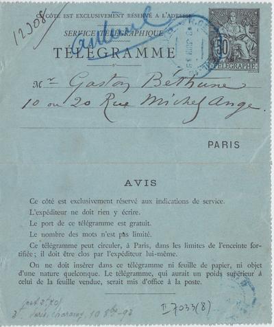 Télégramme de Félicien Rops à Gaston Béthune. [Paris], 1889/06/08. Bruxelles, Bibliothèque royale de Belgique, II/7033/8