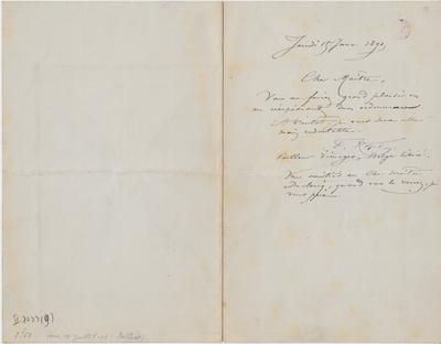 Lettre de Félicien Rops à ? [Maître] Inconnu. s.l., 1891/01/15. Bruxelles, Bibliothèque royale de Belgique, II/7033/9