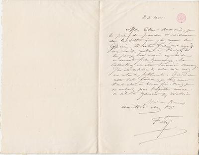 Lettre de Félicien Rops à Armand [Gouzien?]. s.l., 0000/11/23. Bruxelles, Bibliothèque royale de Belgique, II/7034/15