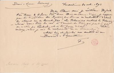 Lettre de Félicien Rops à [Octave?] [Uzanne?]. Corbeil-Essonnes, 1893/10/20. Bruxelles, Bibliothèque royale de Belgique, II/7034/2