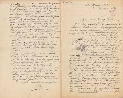 Lettre de Félicien Rops à [Henri] Liesse. Corbeil-Essonnes, 1885/09/21. Bruxelles, Bibliothèque royale de Belgique, II/7035/1