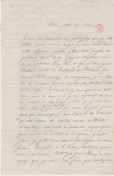 Lettre de Félicien Rops à Élise [Mériel]. [Paris], 1865/00/00. Bruxelles, Bibliothèque royale de Belgique, II/7036/11