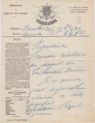 Télégramme non autographe de Félicien Rops à [Ernest] Scaron. [Bruxelles], 1870/07/20. Bruxelles, Bibliothèque royale de Belgique, II/7036/26c