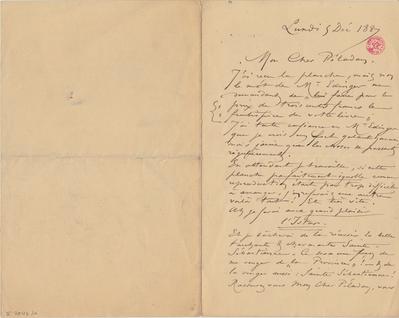 Lettre de Félicien Rops à [Joséphin] Péladan. [Paris], 1887/12/05. Bruxelles, Bibliothèque royale de Belgique, II/7043/1