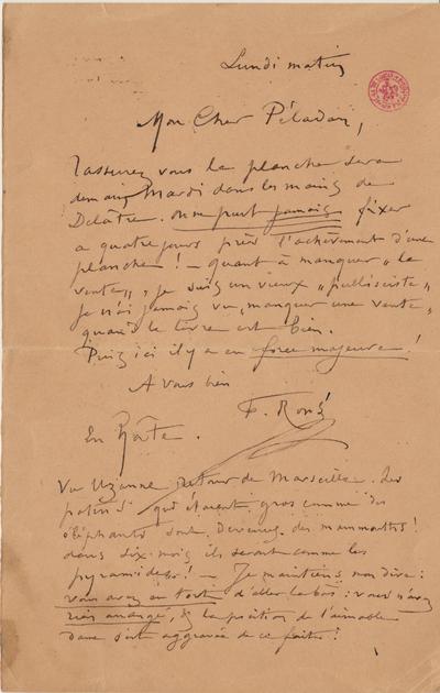 Lettre de Félicien Rops à [Joséphin] Péladan. [Paris], 1888/02/00. Bruxelles, Bibliothèque royale de Belgique, II/7043/10