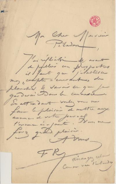 Lettre de Félicien Rops à [Joséphin] Péladan. [Paris], 1884/02/00. Bruxelles, Bibliothèque royale de Belgique, II/7043/13