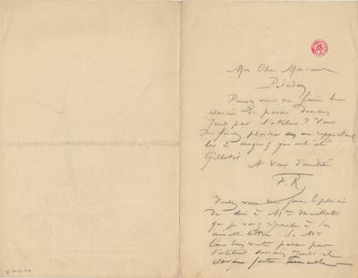 Lettre de Félicien Rops à [Joséphin] Péladan. [Paris], 1884/04/16. Bruxelles, Bibliothèque royale de Belgique, II/7043/16