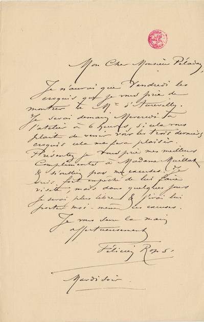 Lettre de Félicien Rops à [Joséphin] Péladan. [Paris], 1883/12/00. Bruxelles, Bibliothèque royale de Belgique, II/7043/17