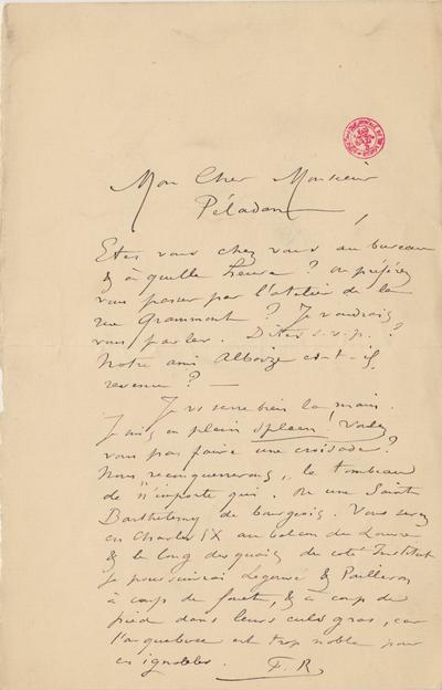 Lettre de Félicien Rops à [Joséphin] Péladan. [Paris], 1884/00/00. Bruxelles, Bibliothèque royale de Belgique, II/7043/19