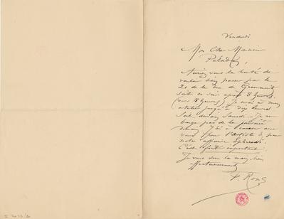 Lettre de Félicien Rops à [Joséphin] Péladan. [Paris], 1884/10/00. Bruxelles, Bibliothèque royale de Belgique, II/7043/20