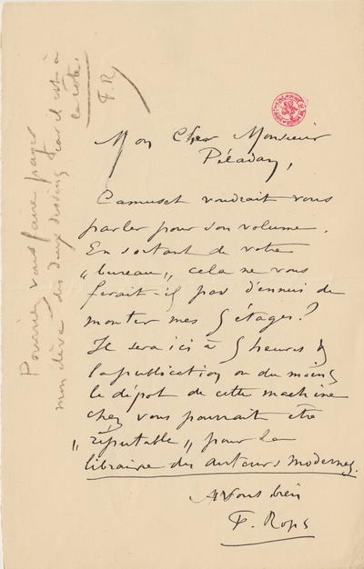 Lettre de Félicien Rops à [Joséphin] Péladan. [Paris], 1884/03/00. Bruxelles, Bibliothèque royale de Belgique, II/7043/22