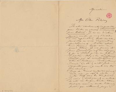 Lettre de Félicien Rops à [Joséphin] Péladan. [Paris], 1887/12/00. Bruxelles, Bibliothèque royale de Belgique, II/7043/23