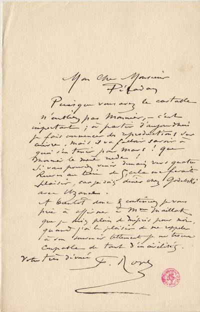 Lettre de Félicien Rops à [Joséphin] Péladan. [Paris], 1884/05/00. Bruxelles, Bibliothèque royale de Belgique, II/7043/25