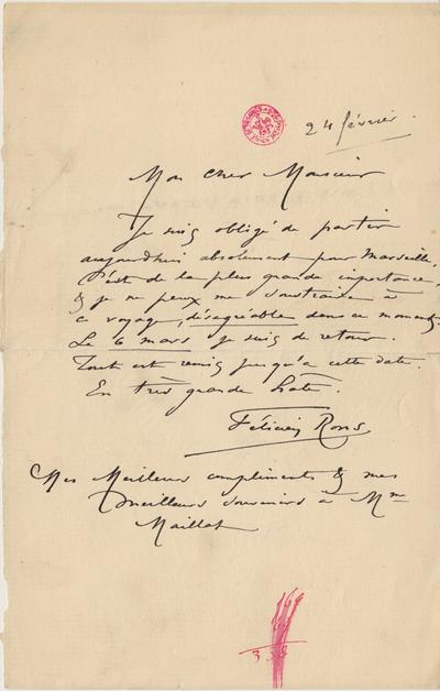 Lettre de Félicien Rops à [Joséphin] [Péladan]. [Paris], 1884/02/24. Bruxelles, Bibliothèque royale de Belgique, II/7043/30