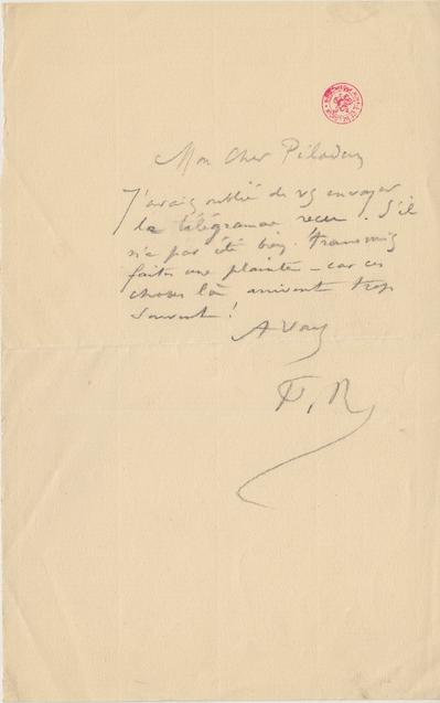 Lettre de Félicien Rops à [Joséphin] Péladan. [Paris], 1885/04/14. Bruxelles, Bibliothèque royale de Belgique, II/7043/31a et II/7043/31b