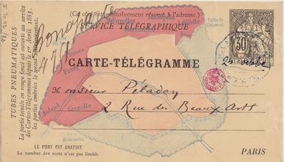 Carte-Télégramme de Félicien Rops à [Joséphin] Péladan. [Paris], 1883/10/24. Bruxelles, Bibliothèque royale de Belgique, II/7043/32