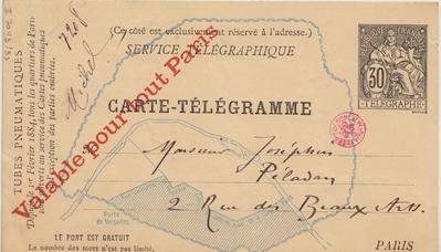 Carte-Télégramme de Félicien Rops à Joséphin Péladan. [Paris], 1885/06/00. Bruxelles, Bibliothèque royale de Belgique, II/7043/33