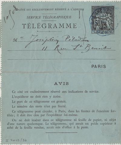 Télégramme de Félicien Rops à Joséphin Péladan. [Paris], 1886/02/17. Bruxelles, Bibliothèque royale de Belgique, II/7043/36