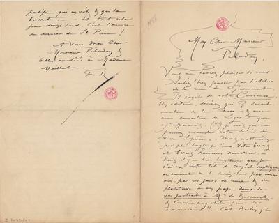 Lettre de Félicien Rops à [Joséphin] Péladan. [Paris], 1884/11/00. Bruxelles, Bibliothèque royale de Belgique, II/7043/41