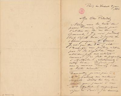 Lettre de Félicien Rops à [Joséphin] Péladan. Paris, 1886/01/08. Bruxelles, Bibliothèque royale de Belgique, II/7043/42