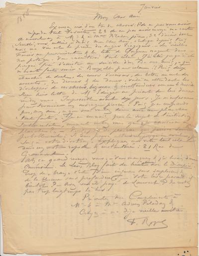 Lettre au verso d'un imprimé de Félicien Rops à [Joséphin] [Péladan]. [Paris], 1887/01/00. Bruxelles, Bibliothèque royale de Belgique, II/7043/43