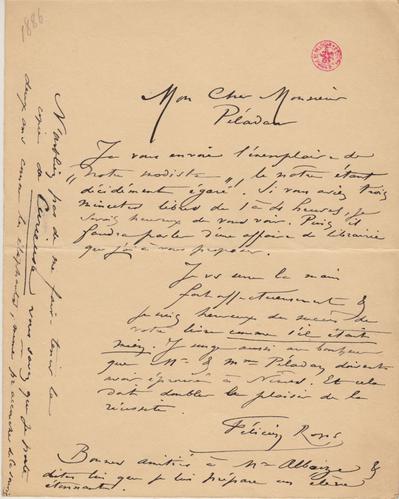 Lettre de Félicien Rops à [Joséphin] Péladan. [Paris], 1884/11/00. Bruxelles, Bibliothèque royale de Belgique, II/7043/46