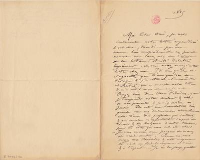 Lettre de Félicien Rops à [Joséphin] [Péladan]. [Paris], 1885/10/06. Bruxelles, Bibliothèque royale de Belgique, II/7043/47