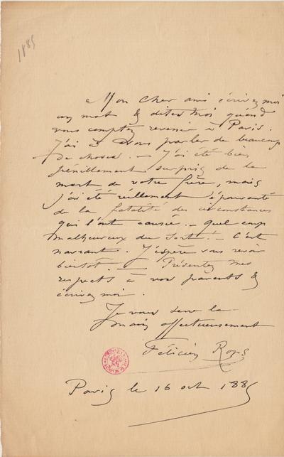 Lettre de Félicien Rops à [Joséphin] [Péladan]. Paris, 1885/10/16. Bruxelles, Bibliothèque royale de Belgique, II/7043/49