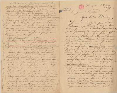 Lettre de Félicien Rops à [Joséphin] Péladan. Paris, 1887/11/28. Bruxelles, Bibliothèque royale de Belgique, II/7043/5