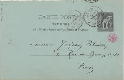 Carte postale de Félicien Rops à Joséphin Péladan. Paris, 1885/02/20. Bruxelles, Bibliothèque royale de Belgique, II/7043/50