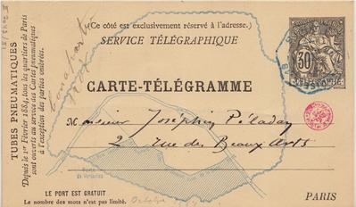 Carte-Télégramme de Félicien Rops à Joséphin Péladan. Paris, 1884/10/01. Bruxelles, Bibliothèque royale de Belgique, II/7043/51