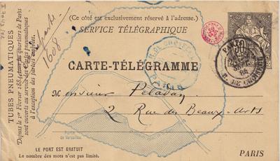 Carte-Télégramme de Félicien Rops à [Joséphin] Péladan. Paris, 1884/09/23. Bruxelles, Bibliothèque royale de Belgique, II/7043/52