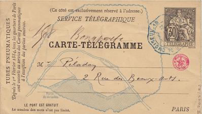 Carte-Télégramme de Félicien Rops à [Joséphin] Péladan. Paris, 1884/09/12. Bruxelles, Bibliothèque royale de Belgique, II/7043/53