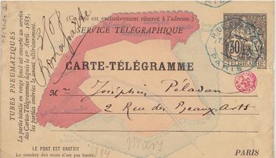 Carte-Télégramme de Félicien Rops à Joséphin Péladan. Paris, 1884/03/12. Bruxelles, Bibliothèque royale de Belgique, II/7043/54