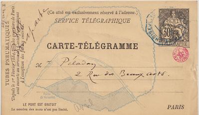 Carte-Télégramme de Félicien Rops à [Joséphin] Péladan. Paris, 1884/04/26. Bruxelles, Bibliothèque royale de Belgique, II/7043/55