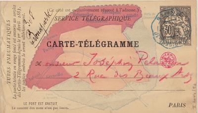 Carte-Télégramme de Félicien Rops à Joséphin Péladan. Paris, 1884/04/17. Bruxelles, Bibliothèque royale de Belgique, II/7043/56