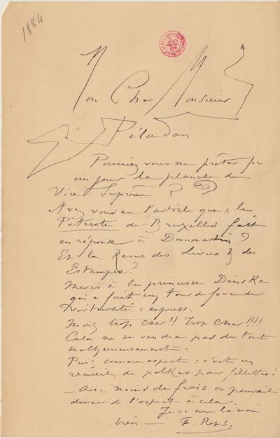 Lettre de Félicien Rops à [Joséphin] Péladan. [Paris], 1885/01/00. Bruxelles, Bibliothèque royale de Belgique, II/7043/59