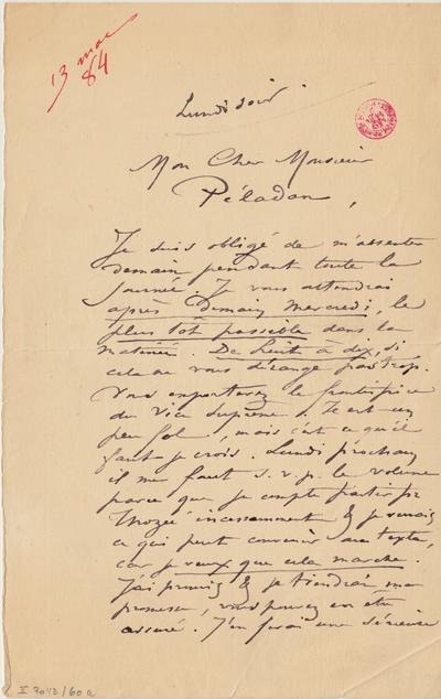 Lettre de Félicien Rops à [Joséphin] Péladan. [Paris], 1984/03/13. Bruxelles, Bibliothèque royale de Belgique, II/7043/60a et II/7043/60b