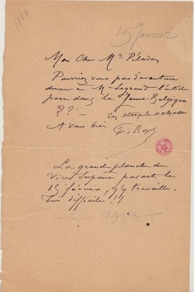 Lettre de Félicien Rops à [Joséphin] Péladan. [Paris], 1884/01/15. Bruxelles, Bibliothèque royale de Belgique, II/7043/61