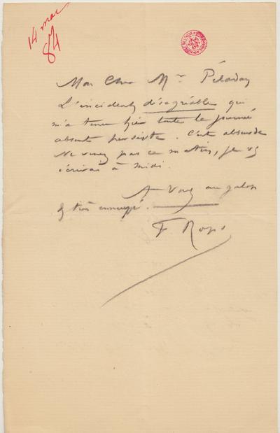 Lettre de Félicien Rops à [Joséphin] Péladan. [Paris], 1884/03/14. Bruxelles, Bibliothèque royale de Belgique, II/7043/62