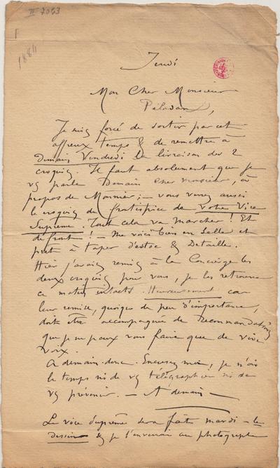 Lettre de Félicien Rops à [Joséphin] Péladan. [Paris], 1884/03/00. Bruxelles, Bibliothèque royale de Belgique, II/7043/63