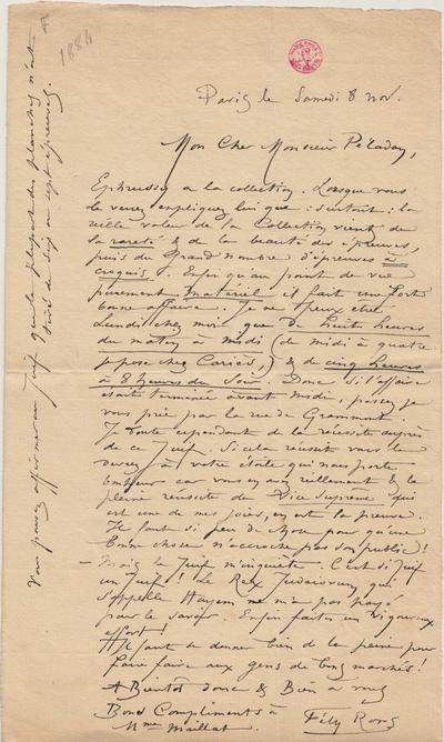 Lettre de Félicien Rops à [Joséphin] Péladan. Paris, 1884/11/08. Bruxelles, Bibliothèque royale de Belgique, II/7043/64