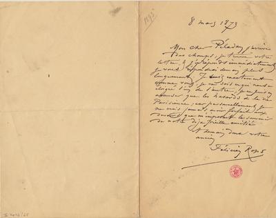 Lettre de Félicien Rops à [Joséphin] Péladan. [Paris], 1893/03/08. Bruxelles, Bibliothèque royale de Belgique, II/7043/65