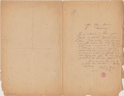 Lettre de Félicien Rops à [Joséphin] Péladan. [Paris], 1884/03/00. Bruxelles, Bibliothèque royale de Belgique, II/7043/68