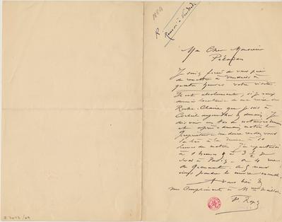 Lettre de Félicien Rops à [Joséphin] Péladan. [Paris], 1884/09/00. Bruxelles, Bibliothèque royale de Belgique, II/7043/69