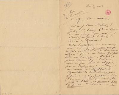 Lettre de Félicien Rops à [Joséphin] [Péladan]. Paris, 1887/03/02. Bruxelles, Bibliothèque royale de Belgique, II/7043/7