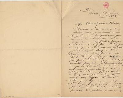 Lettre de Félicien Rops à [Joséphin] Péladan. Bièvres, 1884/07/18. Bruxelles, Bibliothèque royale de Belgique, II/7043/71