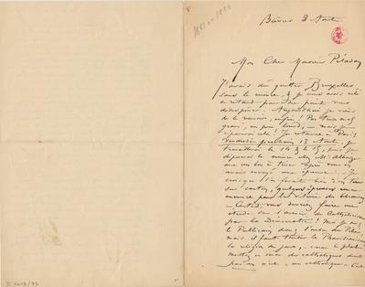 Lettre de Félicien Rops à [Joséphin] Péladan. Bièvres, 1884/08/08. Bruxelles, Bibliothèque royale de Belgique, II/7043/73