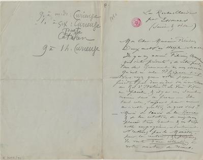 Lettre de Félicien Rops à [Joséphin] Péladan. Corbeil-Essonnes, 1885/07/00. Bruxelles, Bibliothèque royale de Belgique, II/7043/74